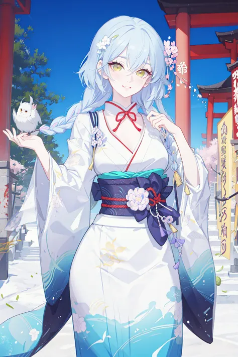 dabong, masterpiece, best quality, avatar, (upper chest, close), ultra detailed, 1girl, teen, long hair, white hair, shiny hair, braided hair, ((golden lime eyes, glow effect)), (beautiful detailed eyes:1.2), white hakama, [blush, smile], ((japanese temple)), standing, looking at viewer, [sketch], vibrant, vivid, high saturation, [cinematic lighting, light leaks], beautiful intricate details, artfully rendered, trending on artstation, pixiv, illustration, (pastel color:1.3), limited palette, colorful, narrow waist, wide hips, large breasts, Art by yuumei, art by Wenqing Yan