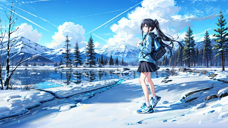 masterpiece, best quality, 1girl, solo, long hair, skirt, outdoors, cloud, winter, snowy, black hair,(blue eyes:1.1), shirt, long sleeves, shoes, sky, tree, black skirt, full body, blue sky, bangs, blush, sneakers, standing, grass, (white footwear:1.3), cloudy sky, day,print shirt, looking at viewer, walking,small mouth, from side, <lora:add_detail:1>