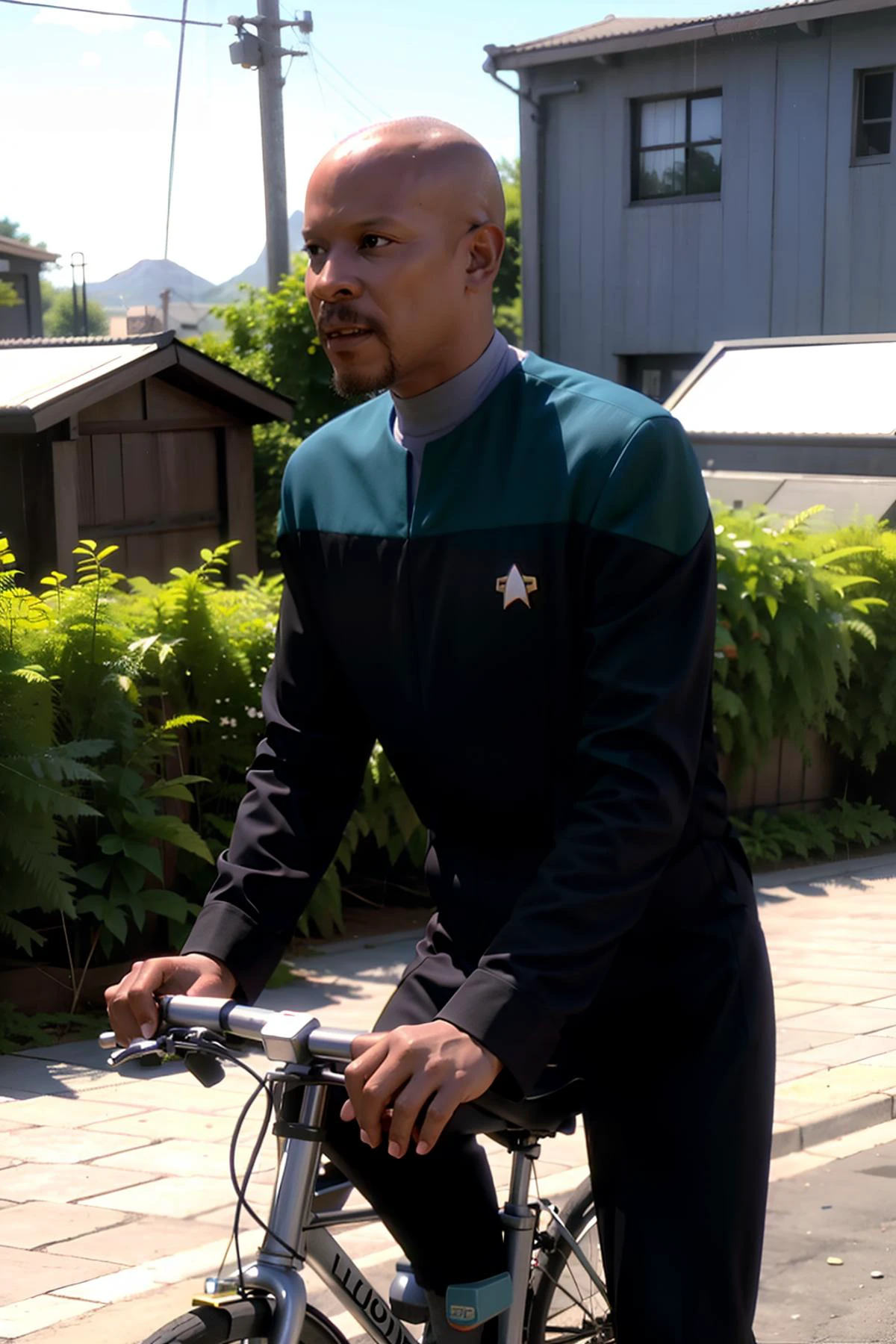 cptcsk in teal voyunf uniform ,riding a bicycle,in small village<lora:VoyunfRefined:0.8>