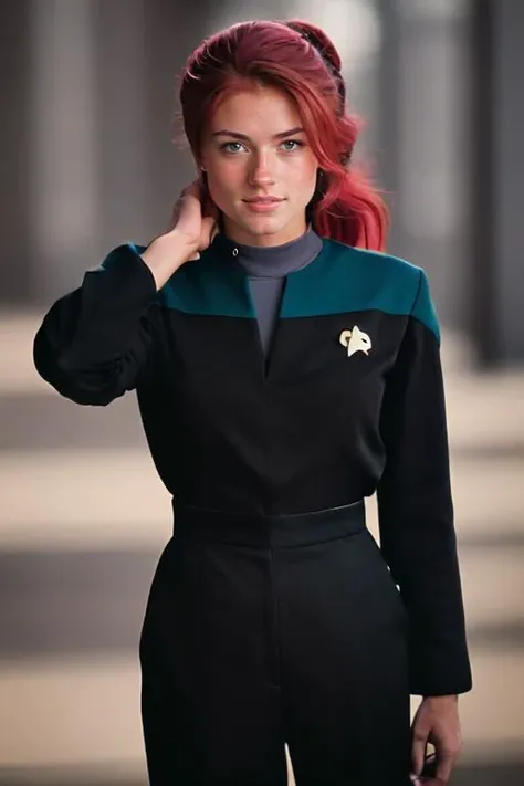 PA7_Photo, tayl0r-001, red high ponytail hair, slight smile, (voyunf teal and black uniform,badge:1.3), black pants, black sleeves, elegant room <lora:Voy6batchDebiasGold1:0.8> PA7_Portrait-MCU. <lora:hand:1>