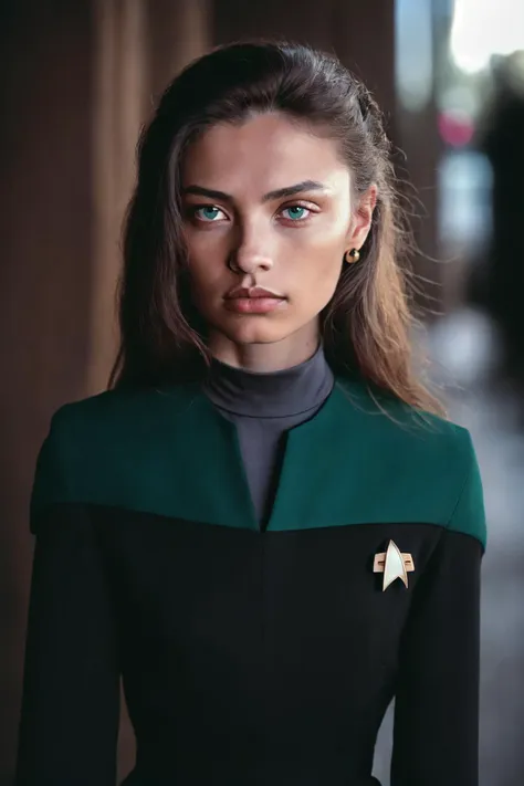 PA7_Photo,  PA7_Human-Likeness, a woman, dark skin, slender, (voyunf teal and black uniform,badge:1.3), black pants,black sleeves,elegant room <lora:Voy6batchDebiasGold1:0.8> 
PA7_Portrait-MCU