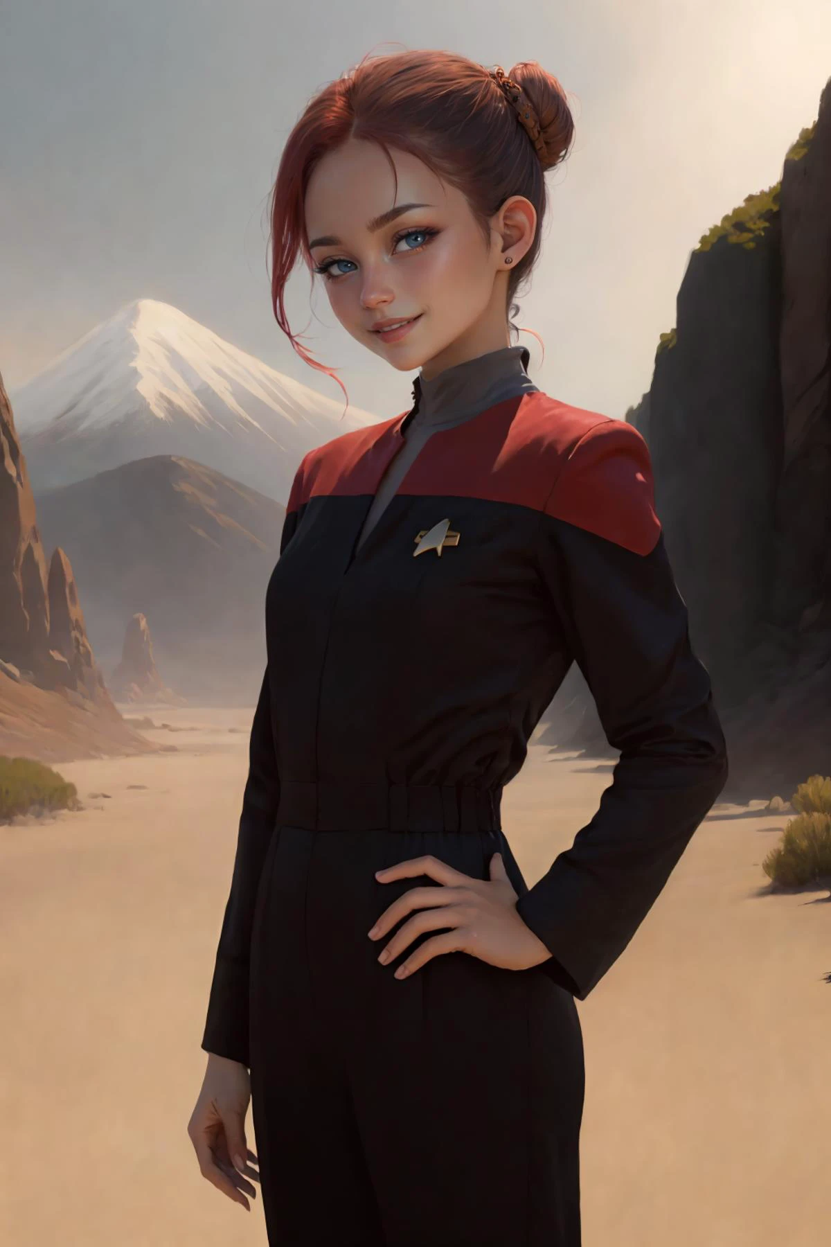 (masterpiece, best quality), (absurdres:1.3), (photorealistic:1.4), Cinematic Lighting, RAW photo of Japanese teen idol, (1girl:1.5), solo, (flat chest:1.2), (ultra detailed, ultra realistic, hyper realistic, 8K, ultra highres:1.2), (dynamic pose:1.4), bokeh, sharp focus, depth of field, (high detailed skin, detailed skin texture:1.2), lips, slim, slender, detailed eyes, detailed face, (short girl, ite body:1.5), long hair, red hair, (updo:1.5), outdoors, rocky desert, cliffs in the background, mountains in the far background,
<lora:Voy6batchDebiasGold1:0.8>, voyunf red and black uniform, black pants, black sleeves,