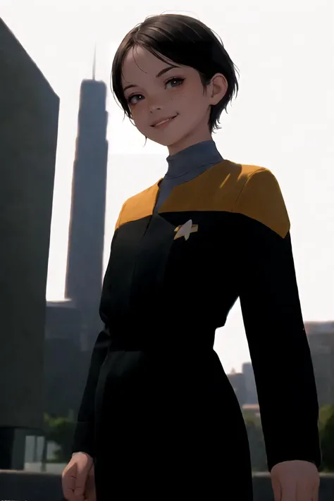 (masterpiece, best quality), (absurdres:1.3), (photorealistic:1.4), Cinematic Lighting, RAW photo of cute idol, (1girl:1.5), solo, (flat chest:1.2), (ultra detailed, ultra realistic, hyper realistic, 8K, ultra highres:1.2), cowboy shot,(dynamic pose:1), bokeh, sharp focus, depth of field, (high detailed skin, detailed skin texture:1.2), lips, slim, slender, detailed eyes, detailed face, smile, happy, (short girl, petite body:1.5), outdoors, park, trees in background skyscrapers in far background, (science fiction:1.2),
(arms behind back:1.5), <lora:Voy6batchDebiasGold1:0.8> voyunf red and black uniform, black pants, black sleeves