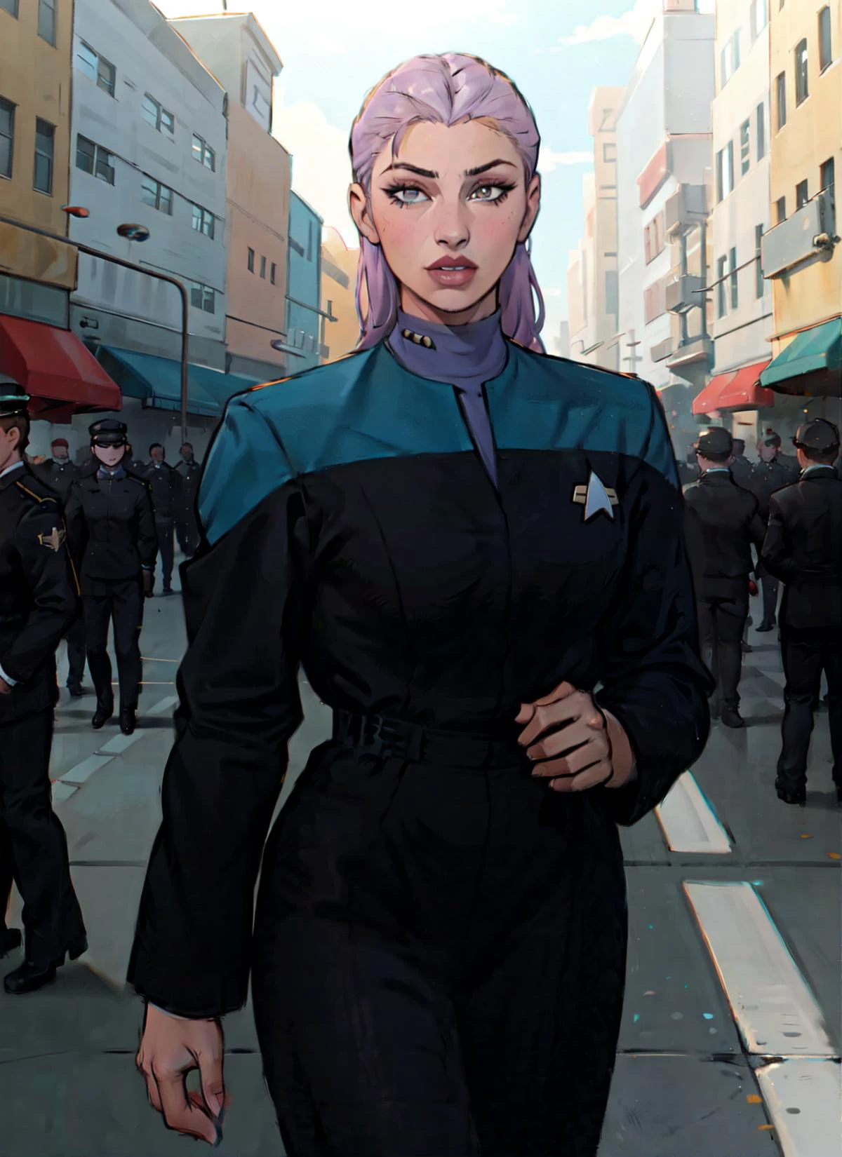 beautiful woman, wearing voyunf teal and black uniform, (solo), realistic,on a street<lora:VoyuniformUltimate-000212:0.8>