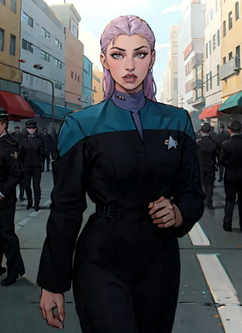 beautiful woman, wearing voyunf teal and black uniform, (solo), realistic,on a street<lora:VoyuniformUltimate-000212:0.8>