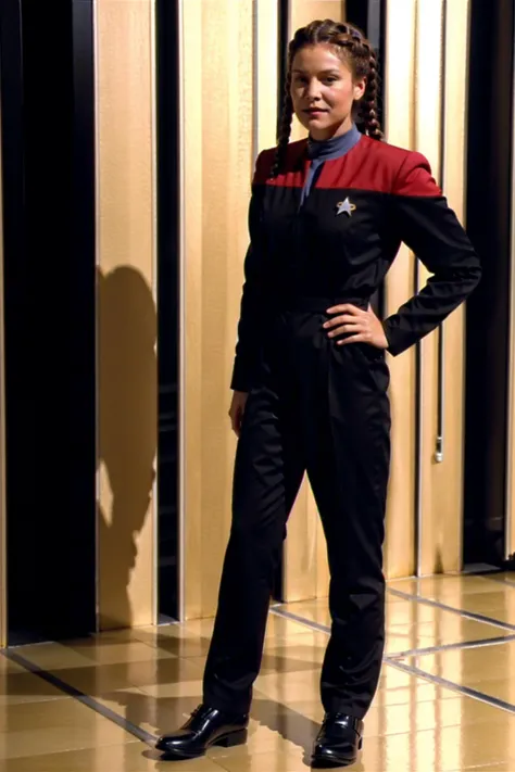 full body,woman with braided hair in black and red voyunf uniform ,on starship<lora:Voyunfv1:0.8>