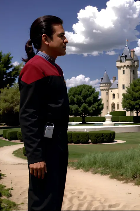 latino man with long ponytail in red voyunf uniform ,in a castle<lora:VoyunfRefined:0.8>