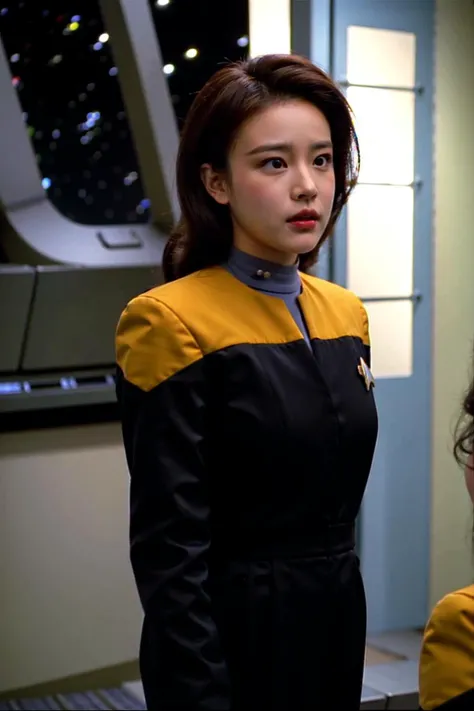 asian woman with curly hair in black and yellow voyunf uniform ,on a starship