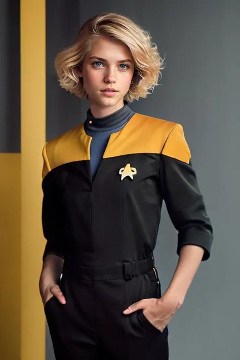 PA7_Photo, al3xa-001, blonde short shag cut hair, slight smile, (voyunf yellow and black uniform,badge:1.3), black pants, black sleeves, elegant room <lora:Voy6batchDebiasGold1:0.8> PA7_Portrait-MCU. <lora:hand:1>