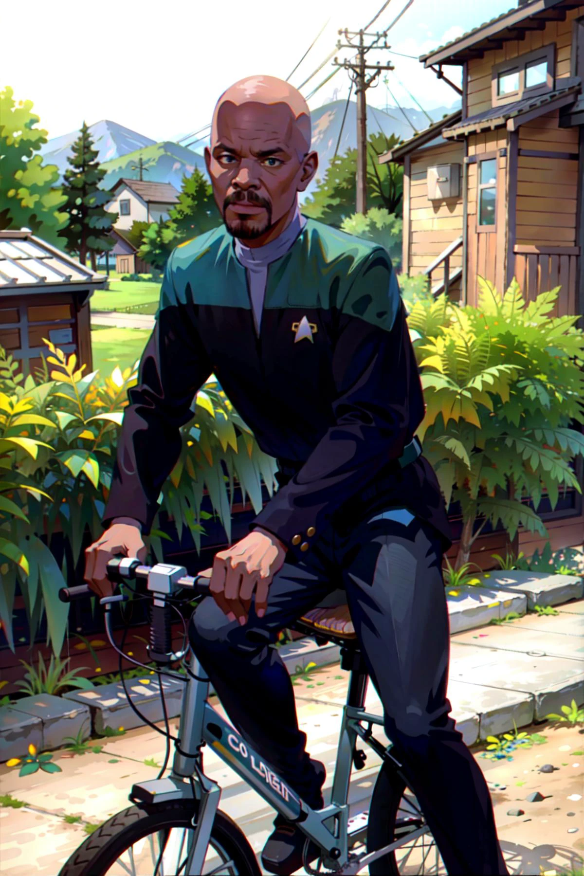 cptcsk in teal voyunf uniform ,riding a bicycle,in small village<lora:Voyunfv1:0.8>