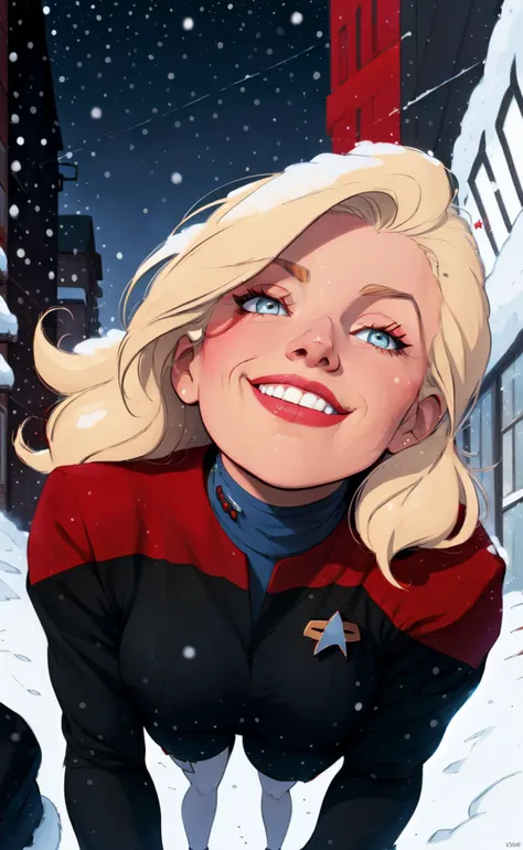 (cartoonish style), flat color style, close up illustration of a woman, on a snowy street, long platinum blonde hair blowing in the wind, (wearing voyunf red and black command uniform:1.3), (looking up:1.2), smile, snowing, snow, cold winter day, busy city background, cars, buildings, detailed face, perfect eyes<lora:VoyuniformUltimate-000212:0.8>