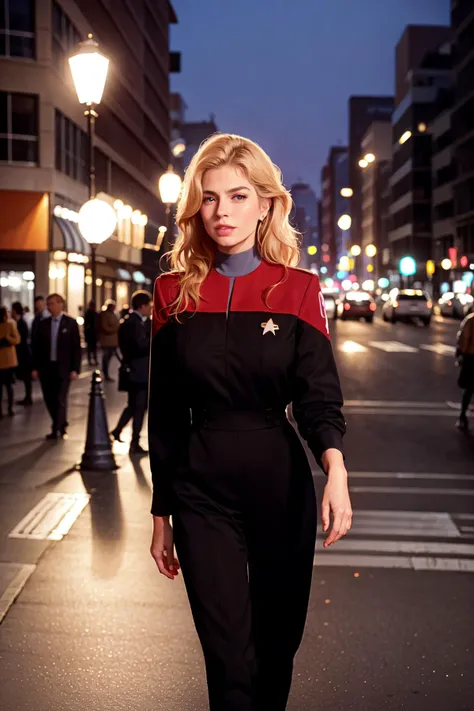 Ultra-realistic 8k CG, masterpiece, best quality, (photorealistic:1.4), absurdres, extremely detailed, real hair, life-like,
((urban setting)), ((night,full moon)), ((detailed face, perky nose)), ((detailed eyes)),
beautiful woman with short blond hair wearing a  ( voyunf red and black uniform:1.3) on a roof, night city,<lora:VoyuniformUltimate-000212:0.8>