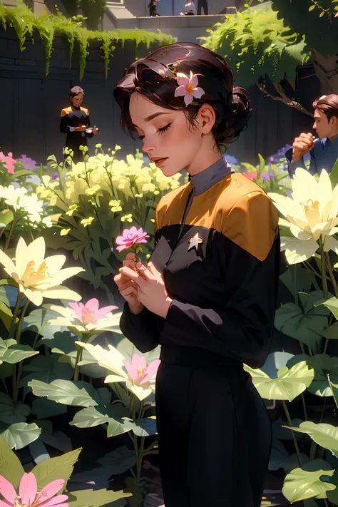 (masterpiece, best quality),woman in black and yellow voyunf, Standing in a garden, smelling a flower, with closed eyes, enjoying the fragrance. <lora:VoyunfRefined:0.8>