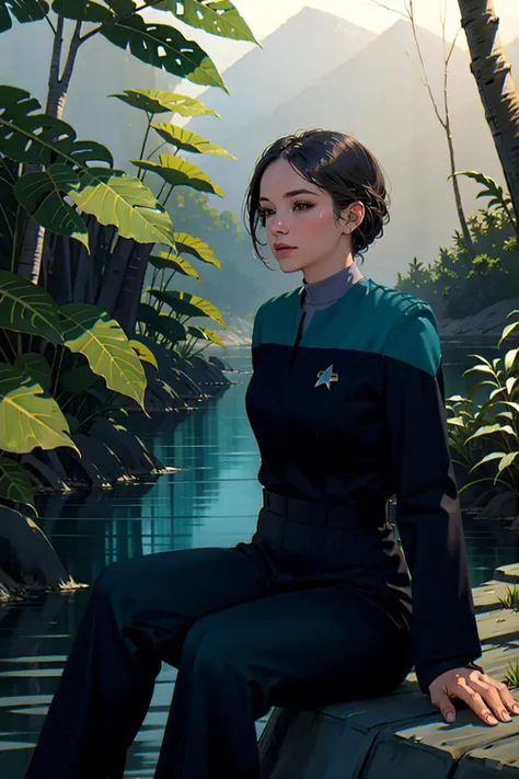 woman sitting on a shore of a river,beatiful forest,summer,fish in the river, voyunf teal and black uniform,black pants,black sleeves<lora:Voy6batchDebiasGold:0.8>