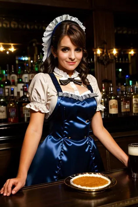 1girl, nicole demara, hair ribbon, hairclip, solo, maid, maid headdress, maid apron, smile, embarrassed, pantyhose, open mouth, smug, cowboy shot, bar \(place\), indoors, depth of field, smug, open mouth, looking at viewer, 