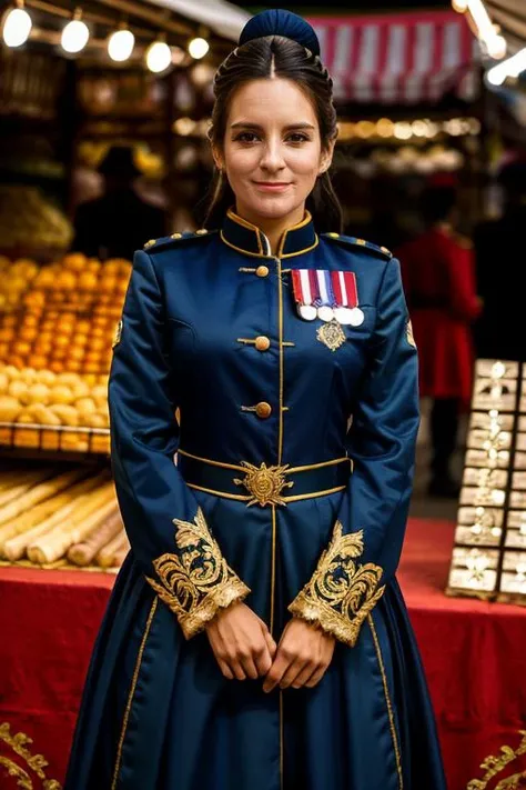 palace guard costume , market stall , dusk <lora:Tina_Fey:1> 1girl, solo, a mature t1873f, masterpiece, best quality, detailed face,