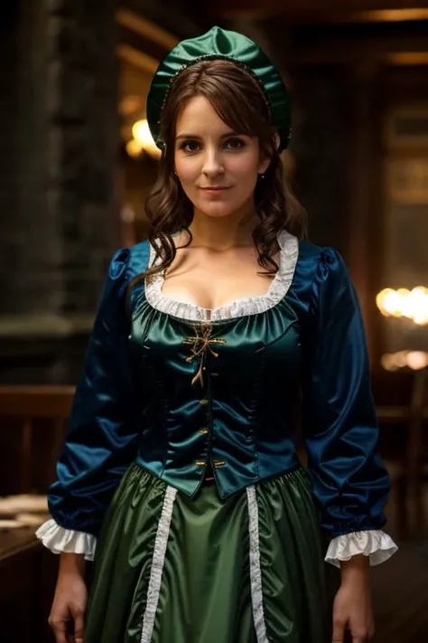 irish costume , well , dusk <lora:Tina_Fey:1> 1girl, solo, a mature t1873f, masterpiece, best quality, detailed face,