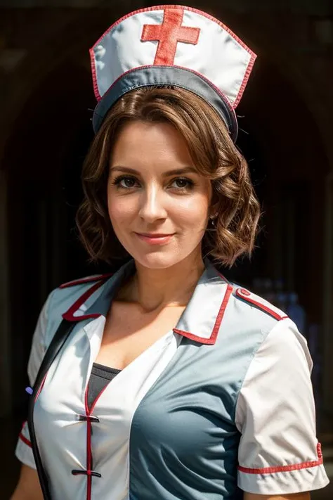 nurse costume , tower , day <lora:Tina_Fey:1> 1girl, solo, a mature t1873f, masterpiece, best quality, detailed face,
