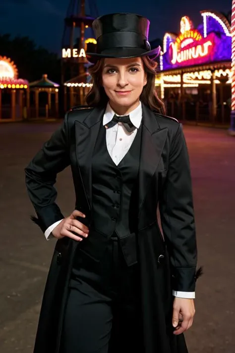 conductor costume , amusement park , night <lora:Tina_Fey:1> 1girl, solo, a mature t1873f, masterpiece, best quality, detailed face,