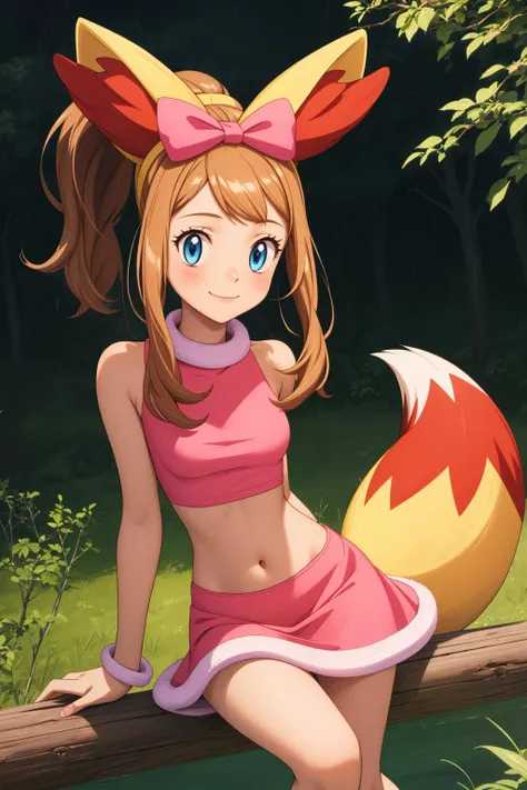 pkmnserena, 1girl, solo, blue eyes, blonde hair, long hair, ponytail, sidelocks, bangs,
pink hairband, bow hairband, hair bow, pink bow, fox tail, fake tail, animal ears, fox ears, animal ear fluff, fake animal ears,
pink shirt, crop top, sleeveless, turtleneck, pink skirt, miniskirt, midriff, bracelet, fur trim, fur collar,
smile,closed mouth,cowboy shot,sitting,
forest,outdoor,
(insanely detailed, beautiful detailed face, masterpiece, best quality) cinematic lighting,<lora:PKMN_Serena_Fennekin_v1:1>, <lora:more_details:0.3>,