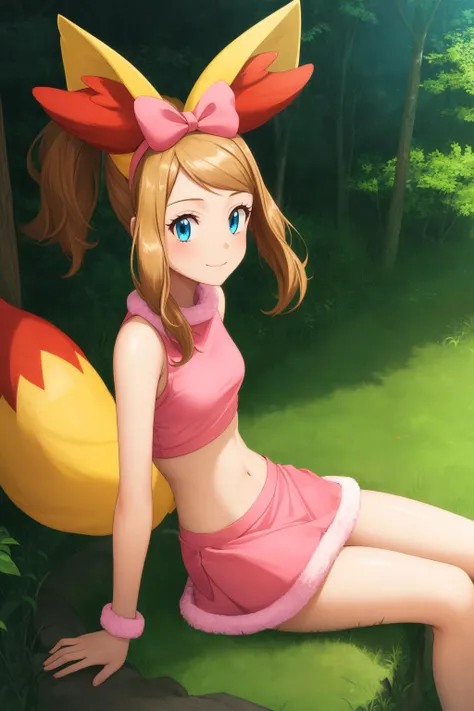 pkmnserena, 1girl, solo, blue eyes, blonde hair, long hair, ponytail, sidelocks, bangs,
pink hairband, bow hairband, hair bow, pink bow, fox tail, fake tail, animal ears, fox ears, animal ear fluff, fake animal ears,
pink shirt, crop top, sleeveless, turtleneck, pink skirt, miniskirt, midriff, bracelet, fur trim, fur collar,
smile,closed mouth,cowboy shot,sitting,
forest,outdoor,
(insanely detailed, beautiful detailed face, masterpiece, best quality) cinematic lighting,<lora:PKMN_Serena_Fennekin_v1:1>, <lora:more_details:0.3>,