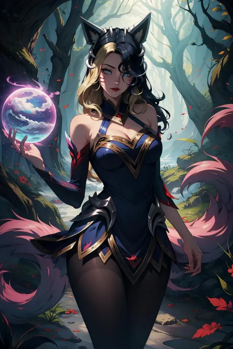 (masterpiece, best quality:1.2), intricate details, <lora:coven_ahriV2:1>, coven ahri, 1girl, dress, detached sleeves, cleavage, multicolored hair, blonde hair, black hair, animal ears, pantyhose, whisker markings, multiple tails, energy ball, upper body, <lyco:GoodHands-beta2:1.0>