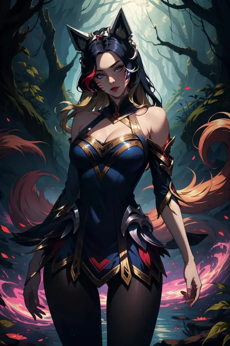 (masterpiece, best quality:1.2), intricate details, <lora:coven_ahriV2:1>, coven ahri, 1girl, dress, detached sleeves, cleavage, multicolored hair, blonde hair, black hair, animal ears, pantyhose, whisker markings, multiple tails, energy ball, upper body, <lyco:GoodHands-beta2:1.0>