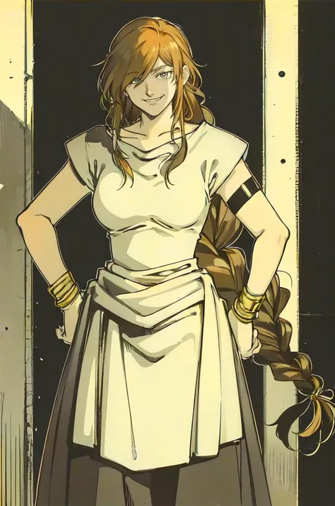 solo, <lora:Flamme:1> FlammeFrieren, long hair, braid, (greek clothes:1.3), sleeveless dress, armlet, bracelet, sandals, smile, hands on hips, <lora:HELLSINGStyle:0.75> evil smile,evil grin,crazy eyes, dynamic pose, cowboy shot,, ultra detailed, masterpiece, best quality,