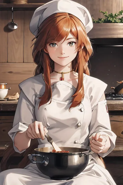 ultra detailed, sharp focus, best quality, masterpiece, colorful, <lora:Flamme:1> FlammeFrieren, 1 girl, long hair, campfire, cooking, smile, sitting, chefs hat, best quality, masterpiece, intricate details