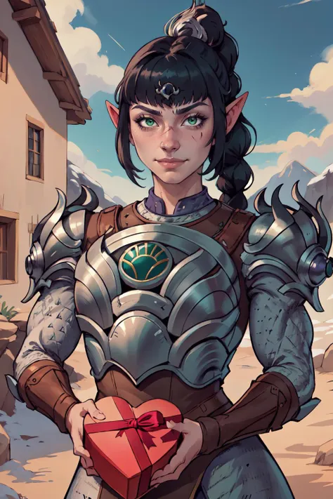 (masterpiece,best quality,absurdres),IncrsVGiftBoth,incoming gift,1girl,shadowheart,pointy ears,green eyes,braid, ponytail, hair ornament, scar, bangs,armor, shoulder armor, breastplate, pauldrons,slight smile <lora:IncomingValentineGiftPOVTwoHandsV2:1> <lora:shadowheartr2:0.7>