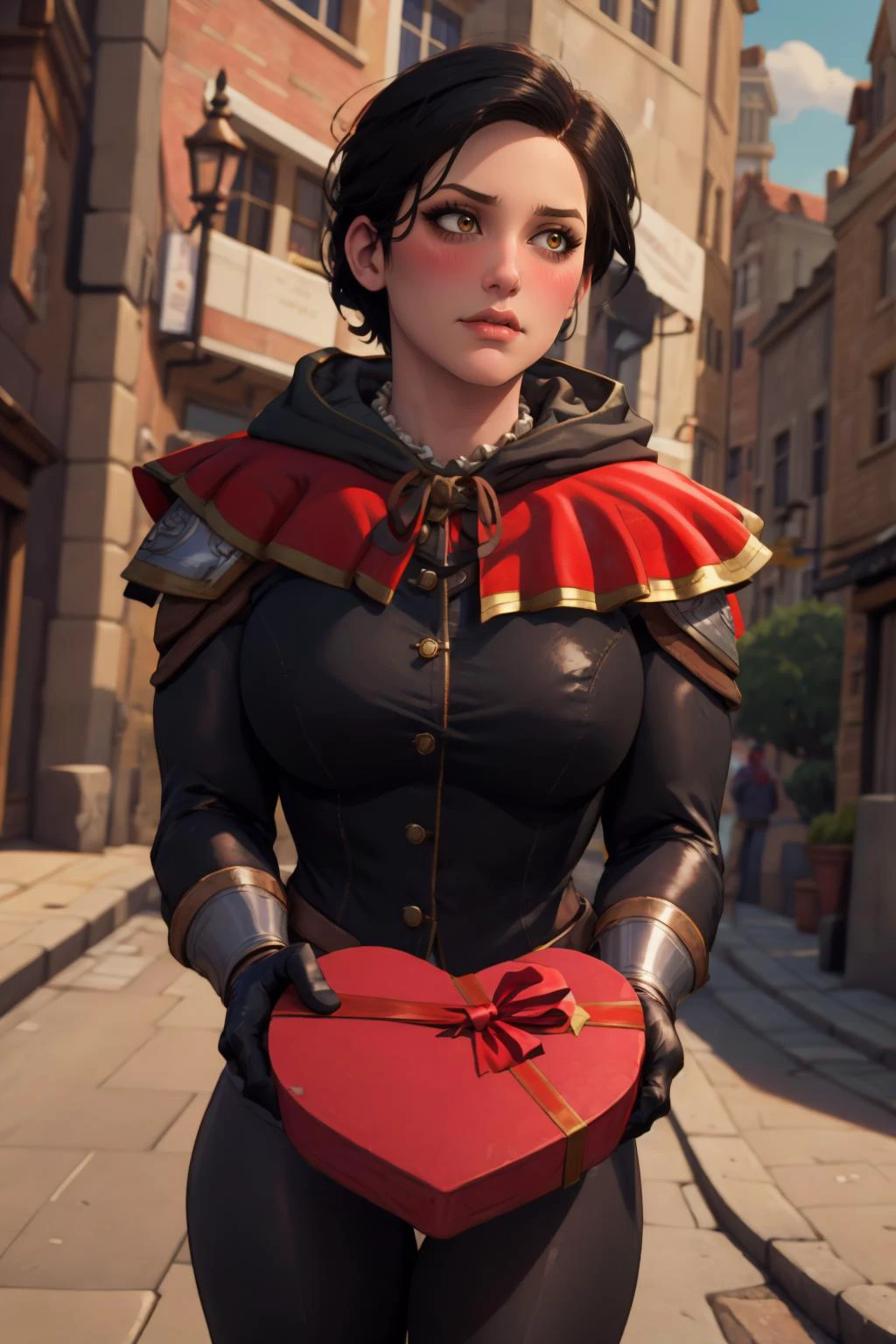 best quality, highly detailed, IncrsVGiftBoth, <lora:IncomingValentineGiftPOVTwoHands:.85> syanna, short hair, red capelet, gloves, black suit, long sleeves, blush, <lora:Degen-Syanna:0.6> incoming gift, closed mouth, looking to side, <lora:looking-away-v2:0.6> looking away <lora:Beauclair-03:0.5> beauclair, city