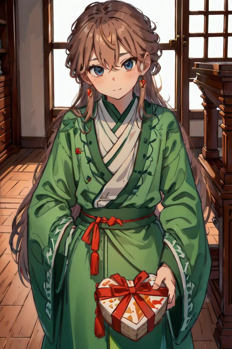 1boy, look to the viewer, chinese room, <lora:add_details:1>, <lora:IncomingValentineGiftPOVTwoHands:0.8> IncrsVGiftBoth, incoming gift, green clothes light brown hair, two-colored eyes, ginger and blue eyes, <lora:ShenTafei:0.8>