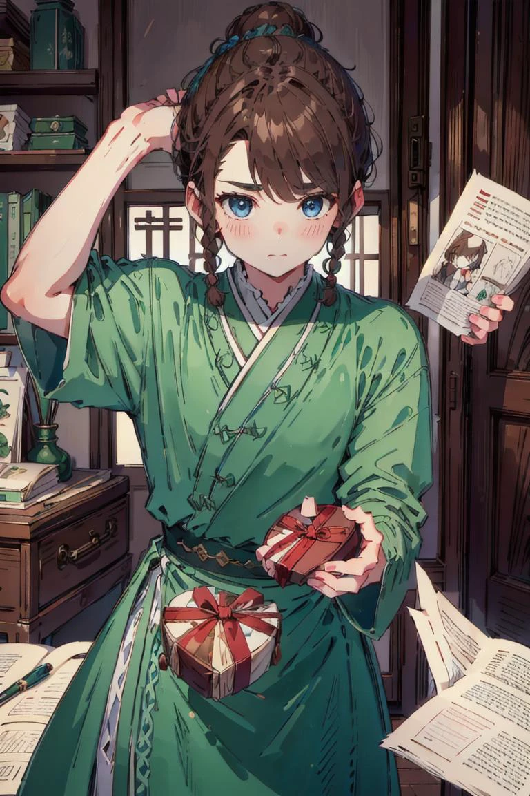 1boy, look to the viewer, chinese room, <lora:add_details:1>, <lora:IncomingValentineGiftPOVTwoHands:0.8> IncrsVGiftBoth, incoming gift, green clothes <lora:HuJia2:0.8> dark blue eyes, brown hair, braids, asymmetrical bangs, single hair bun