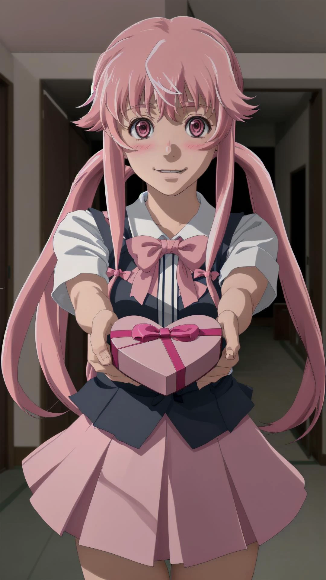 <lora:OGT_Yuno_Gasai-v1:0.8> Yuno Gasai, 1girl, solo, pink hair, long hair, school uniform, pink eyes, skirt, twintails, bow, smile, blush, <lora:IncomingValentineGiftPOVTwoHands:0.8> IncrsVGiftBoth, incoming gift, <3, â¤, heart-shaped box
