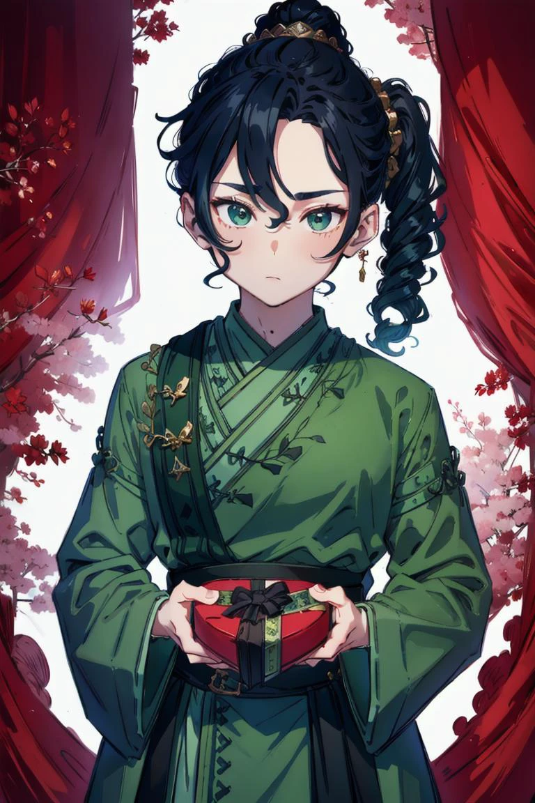 1boy, dark blue hair, curly hair, ponytail, green eyes, look to the viewer, chinese room, <lora:common-test:0.8>, <lora:add_details:1>, <lora:IncomingValentineGiftPOVTwoHands:0.8> IncrsVGiftBoth, incoming gift