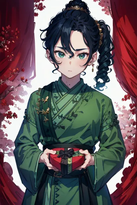 1boy, dark blue hair, curly hair, ponytail, green eyes, look to the viewer, chinese room, <lora:common-test:0.8>,  <lora:add_details:1>,  <lora:IncomingValentineGiftPOVTwoHands:0.8> IncrsVGiftBoth, incoming gift