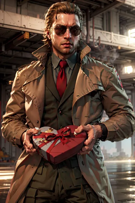 (masterpiece, best quality, 4k, detailed, intricate, realistic),IncrsVGiftBoth,incoming gift,solo,male focus,Kazuhira Miller,sunglasses, facial hair, green suit, red tie, khaki trench coat <lora:IncomingValentineGiftPOVTwoHandsV2:1> <lora:Kaz_241114_ep10_lora:0.8>