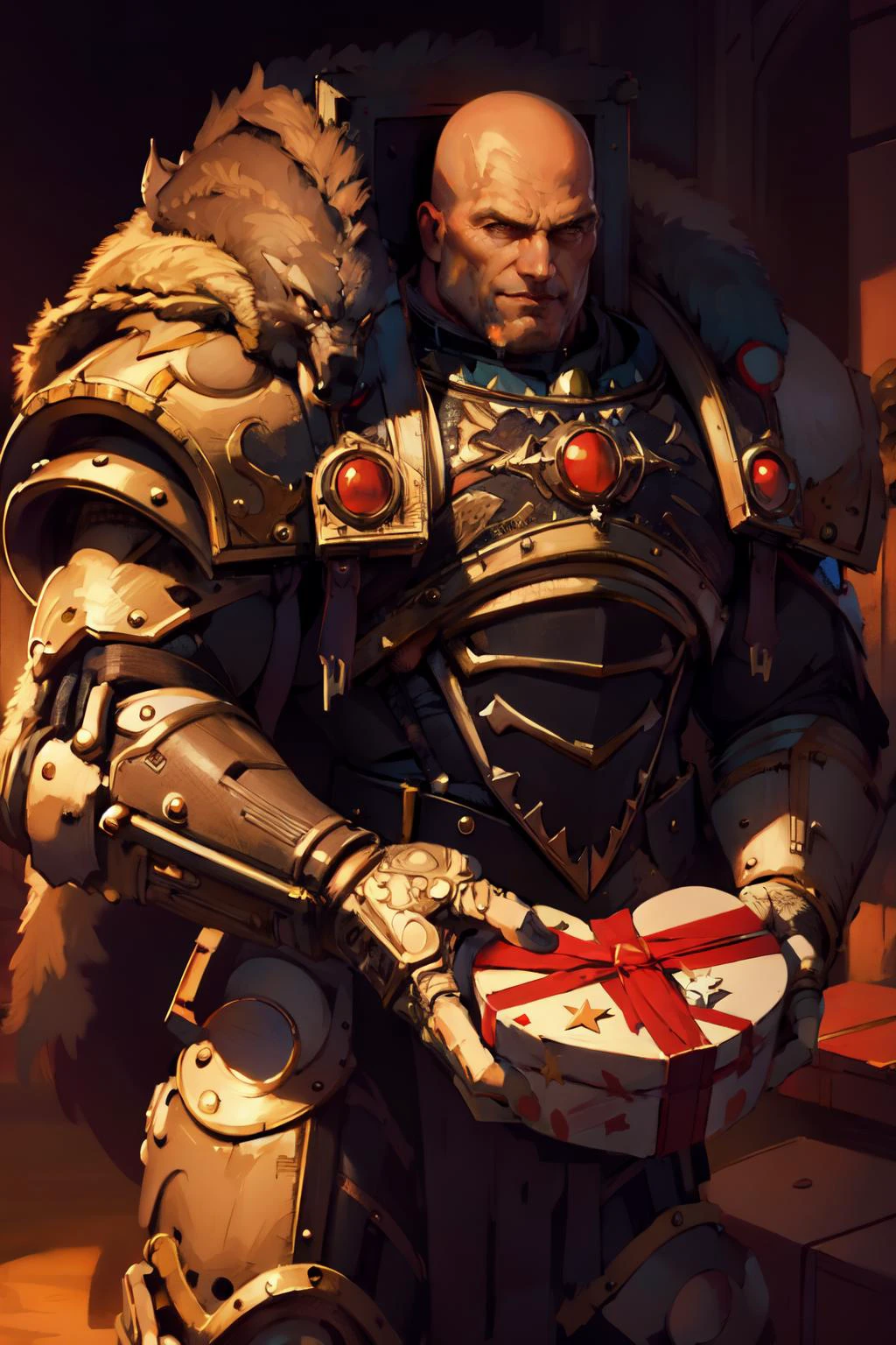 (masterpiece, best quality, 4k, detailed, intricate, realistic),cowboy shot,IncrsVGiftBoth,incoming gift,male focus,solo,horusbald,power armor,fur trim <lora:IncomingValentineGiftPOVTwoHandsV2:0.8> <lora:Horus MK1 by CARAXES:0.7>