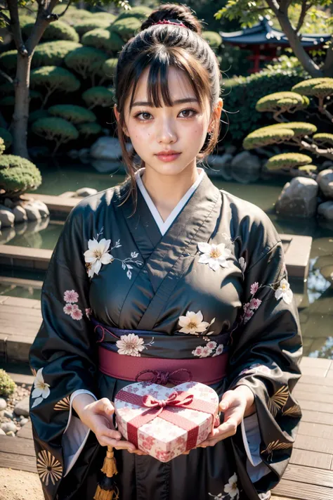 (realistic:1.3), finely detailed, quality, rembrandt lighting, (masterpiece:1.2), (photorealistic:1.2), (best quality), (detailed skin:1.3), (intricate details), dramatic, ray tracing, 1girl, japanese girl, 21 years old, detailed skin texture, (goosebumps:0.5), subsurface scattering, smiling, blushing, medium breasts, updo hair, hair ornament, bangs, hair between eyes, (silk:1.3), kimono, japanese clothes, floral print, cowboy shot, IncrsVGiftBoth, incoming gift, (bright sunny day, outdoors, japanese garden, pond, trees, bushes, sky), <lora:IncomingValentineGiftPOVTwoHandsV2:1>