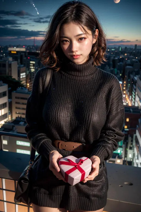 (realistic:1.3), finely detailed, quality, rembrandt lighting, (masterpiece:1.2), (photorealistic:1.2), (best quality), (detailed skin:1.3), (intricate details), dramatic, ray tracing, 1girl, japanese girl, 21 years old, detailed skin texture, (goosebumps:0.5), subsurface scattering, smiling, blushing, medium breasts, short hair curls, bangs, hair between eyes, knit wool sweater, turtleneck sweater dress, belt, IncrsVGiftBoth, incoming gift, (night, night sky, on rooftop, tokyo, cityscape, city lights far below), <lora:IncomingValentineGiftPOVTwoHandsV2:1>