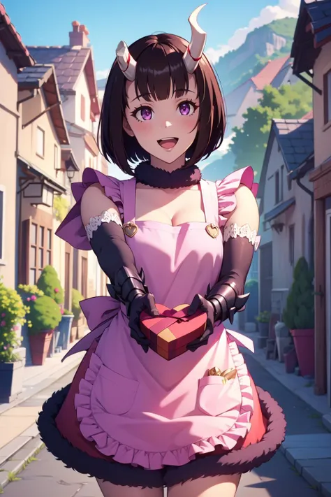 absurdres, highres, ultra detailed, <lora:ErikooooV3.5.1-000020:0.8>, 1girl, eriko, horns, brown hair, bob cut, blunt bangs, red dress, cleavage, pink apron, fur trim, elbow gloves, gauntlets, looking at viewer, :d, IncrsVGiftBoth, incoming gift, outdoors, village, <lora:IncomingValentineGiftPOVTwoHandsV2:1>