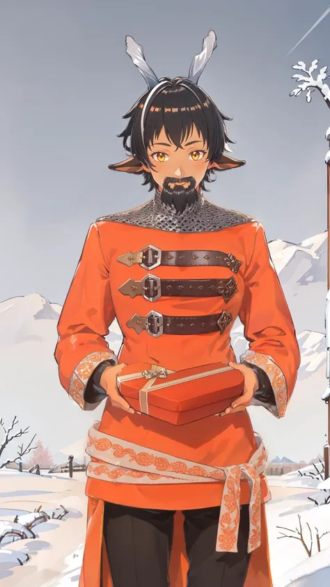 white snowy winter background BREAK sehele style, <lora:sehele:0.4>, (((cowboy shot))), (masterpiece,best quality,absurdres), mature male, 1man, (((IncrsVGiftBoth))), (((incoming gift))), <lora:IncomingValentineGiftPOVTwoHands:1>, slight smile, beard, sajevtu, ((tanned skin)), a man with a two small twisted silver goat horns and a black beard, a male anime character in an orange coat, black hair, yellow goat eyes, goat ears, chainmail coif, XIV Century Russian Soldier, silver silk sash, intricate patterns, black pants, <lora:sajevtu2:0.7>, white snowy winter background