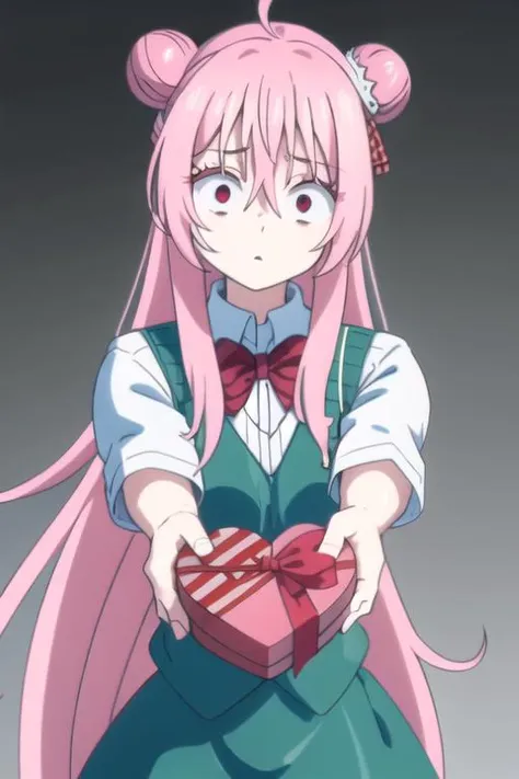 (masterpiece), (best quality),
bedroom background,
cowboy shot,
looking at viewer,
<lora:sugarlife03:1> pink hair, buns, white shirt, sweater vest, green skirt, red eyes,
<lora:IncomingValentineGiftPOVTwoHandsV2:1> INCRSVGIFTBOTH, INCOMING GIFT,
<lora:Crazy_ExpressionsV2:1> (crazy eyes), (SMALL PUPILS), (CONSTRICTED PUPILS),