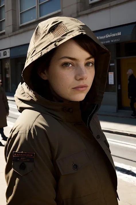 <lora:Emma_Stone-v1-01:1.4>3mm4, Parka, Muted Colors, Documentary Street Portraits, light and shadow, Sunlight through a textured or perforated surface for interesting shadows (Perforated Light).