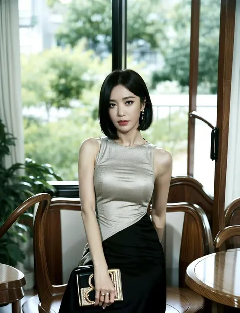 1girl, blurry, depth_of_field, blurry_background, earrings, window, solo, jewelry, black_hair, dress, indoors, blurry_foreground, short_hair, black_dress