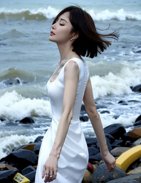 1girl, blurry, jewelry, depth_of_field, blurry_background, ocean, earrings, solo, water, short_hair, waves, realistic, dress, snow, blurry_foreground, ring, closed_eyes, breasts, white_dress