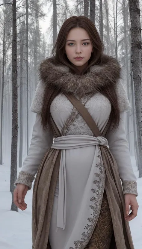 Epic style In the vast and rugged landscapes of Siberia, where endless taiga forests stretch as far as the eye can see and mighty rivers carve through the icy wilderness, a young female hunter embodies the indomitable spirit of Russia. As the pale light of dawn filters through the dense canopy, she stands amidst the towering trees, surrounded by the tranquil stillness of the cold air. Her fertile body, ((wrapped in a tattered traditional vibrant dress)), emanates proud erect feminity. Her sturdy, resilient frame, a classical beauty with well-proportioned curves that stand the test of time, honed by years of survival in the harsh wilderness, speaks of determination and endurance. With alluring fair, frost-kissed skin and flowing, chestnut wind swept hair, adorned with fur trims, she personifies the untamed fertile beauty of Siberia, a land of vast expanses and unforgiving winters, where the vitality of the land mirrors the resilience of its people., masterpiece, best quality, 8k, insane details, intricate details, hyperdetailed, hyper quality, high detail, ultra detailed, clear shadows and highlights, intense, enhanced contrast.