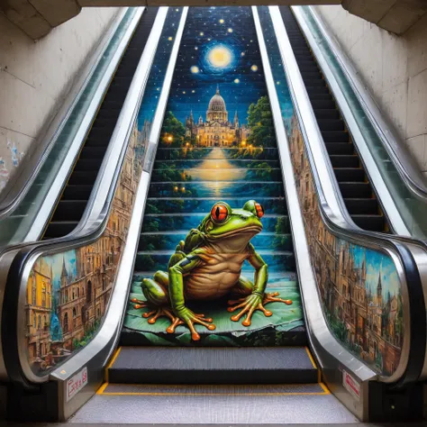 masterpiece, best quality, escalator, ruined kingdom, nighttime illumination,magical artefact,frog, escalator-art<lora:escalator-art:0.75>