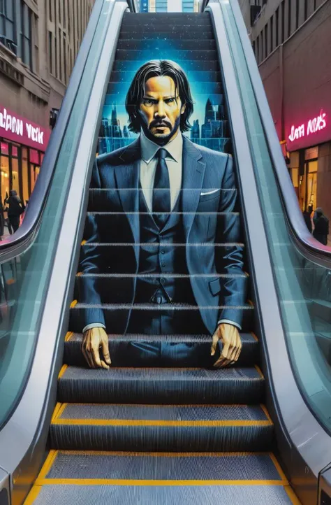 escalator, a closeup of john wick in newyork, fancy hotel, perfect night view, escalator-art <lora:escalator-art6:0.95><lora:sd_xl_dpo_lora_v1:0.8> <lora:RMSDXL_Enhance:1>, color graded, keaunu reeves