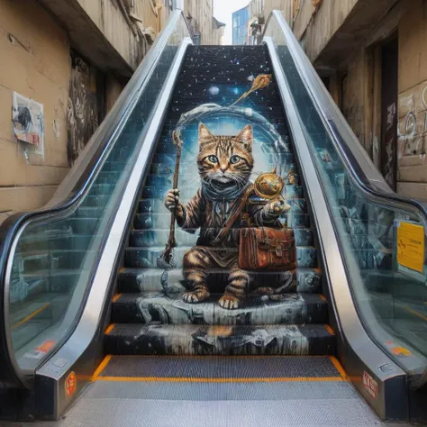 a escalator, Mystical Kitten wizard ith swirling runes, escalator-art <lora:escalator-art:1>